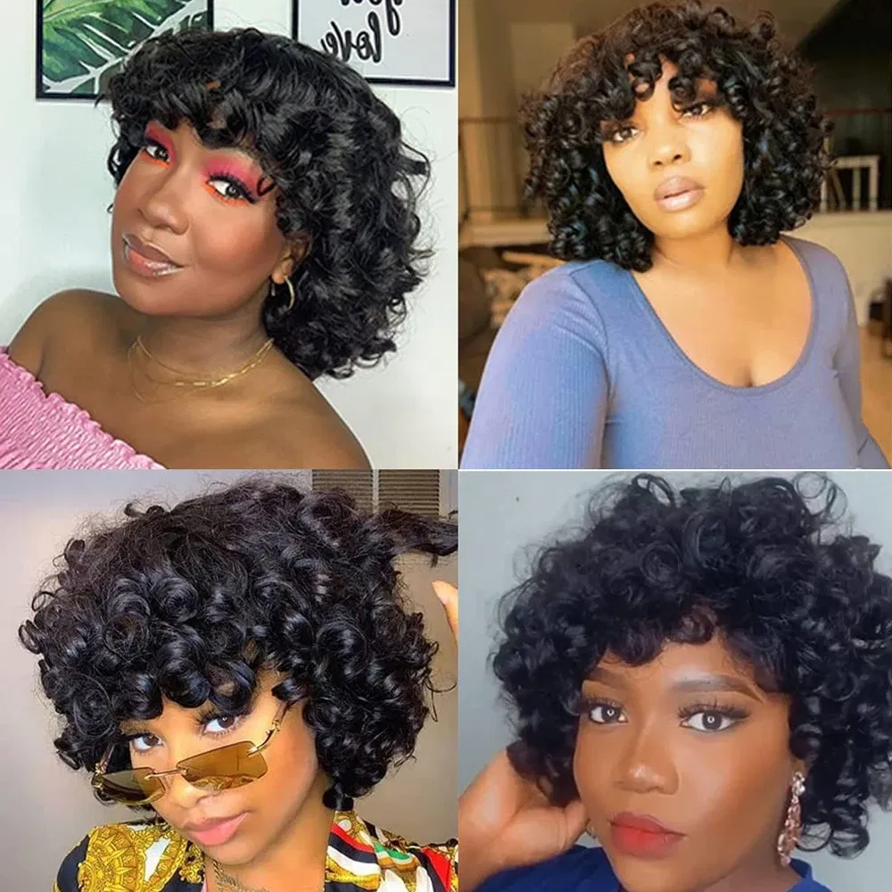 Hair Color: LYD1B/99J, Ships From: CHINA, Stretched Length: 18inches, Density: 150% - Afro Rose Curly Funmi Wigs with Bang Short Bouncy Curly Bob Wig With Bangs Machine Made Rose Curl Human Hair Wig For Black Women