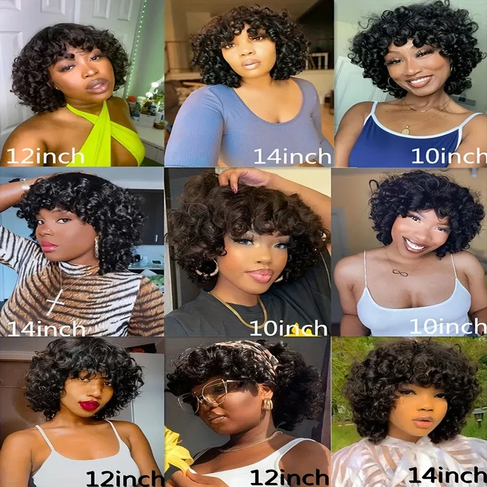 Hair Color: LYD1B/99J, Ships From: CHINA, Stretched Length: 18inches, Density: 150% - Afro Rose Curly Funmi Wigs with Bang Short Bouncy Curly Bob Wig With Bangs Machine Made Rose Curl Human Hair Wig For Black Women