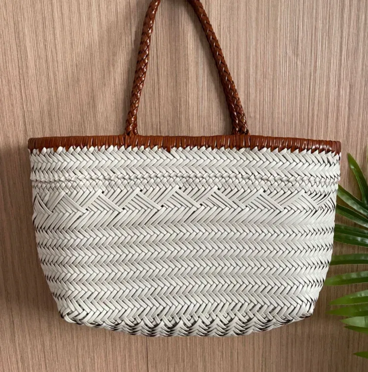 Color: Blue - Designer woven totes bag women genuine leather cowskin knitting basket handbag female hollow out bucket bag 2025 summer new