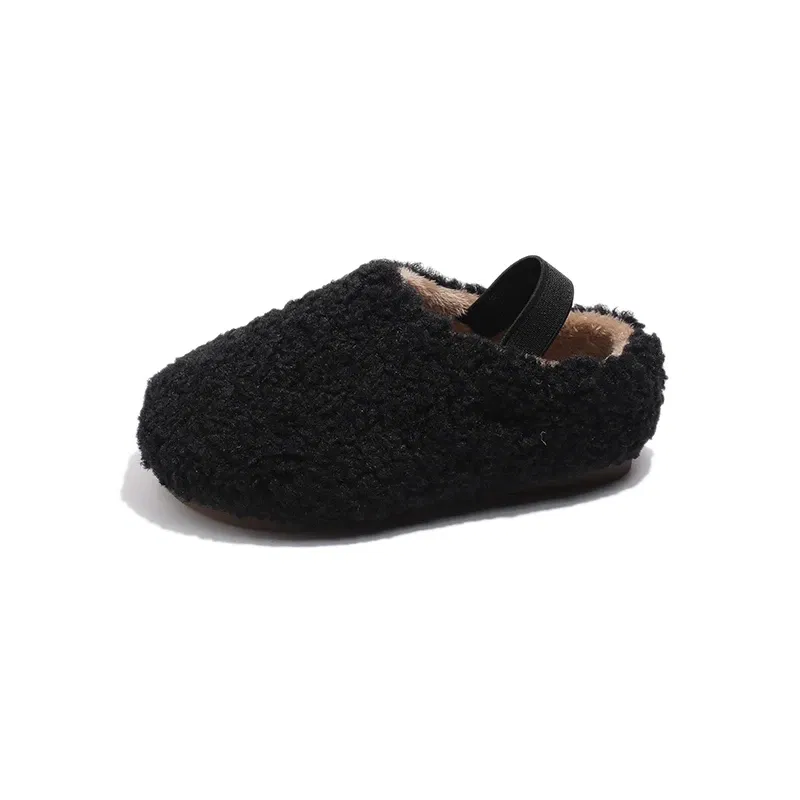 Color: black, Shoe Size: 37.5 - Teddy Fur Mule For Baby Kids Winter Warm Plush Slipper Toddler Child Casual Pull-on Fluffy Cotton Shoe with Back Elastic Strap