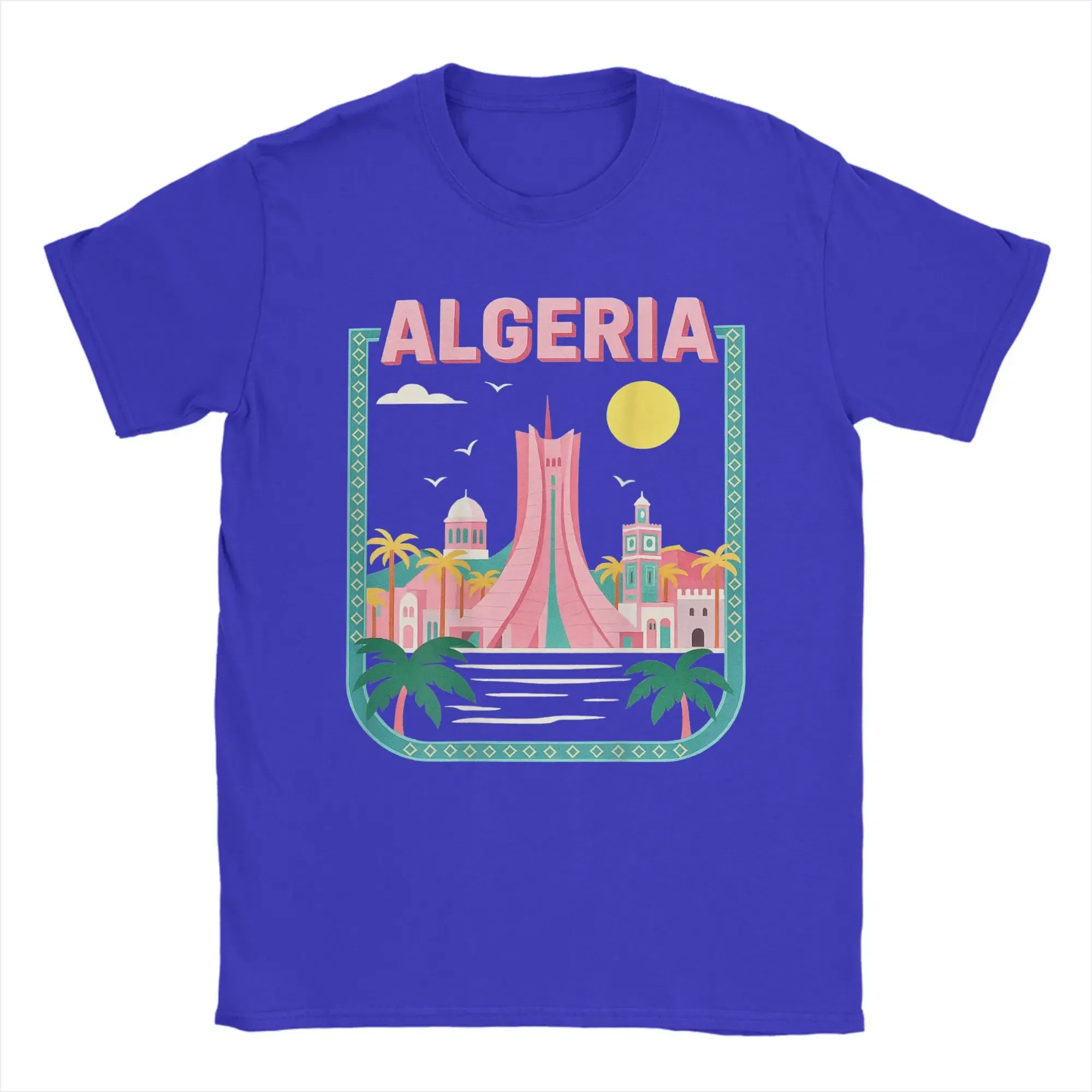 Color: Blue, Size: XXXL - Men Algeria DZ City Algerian T Shirts Africa Arab Pure Cotton Clothes Hipster Short Sleeve Crewneck Tees Gift Idea T-Shirt
