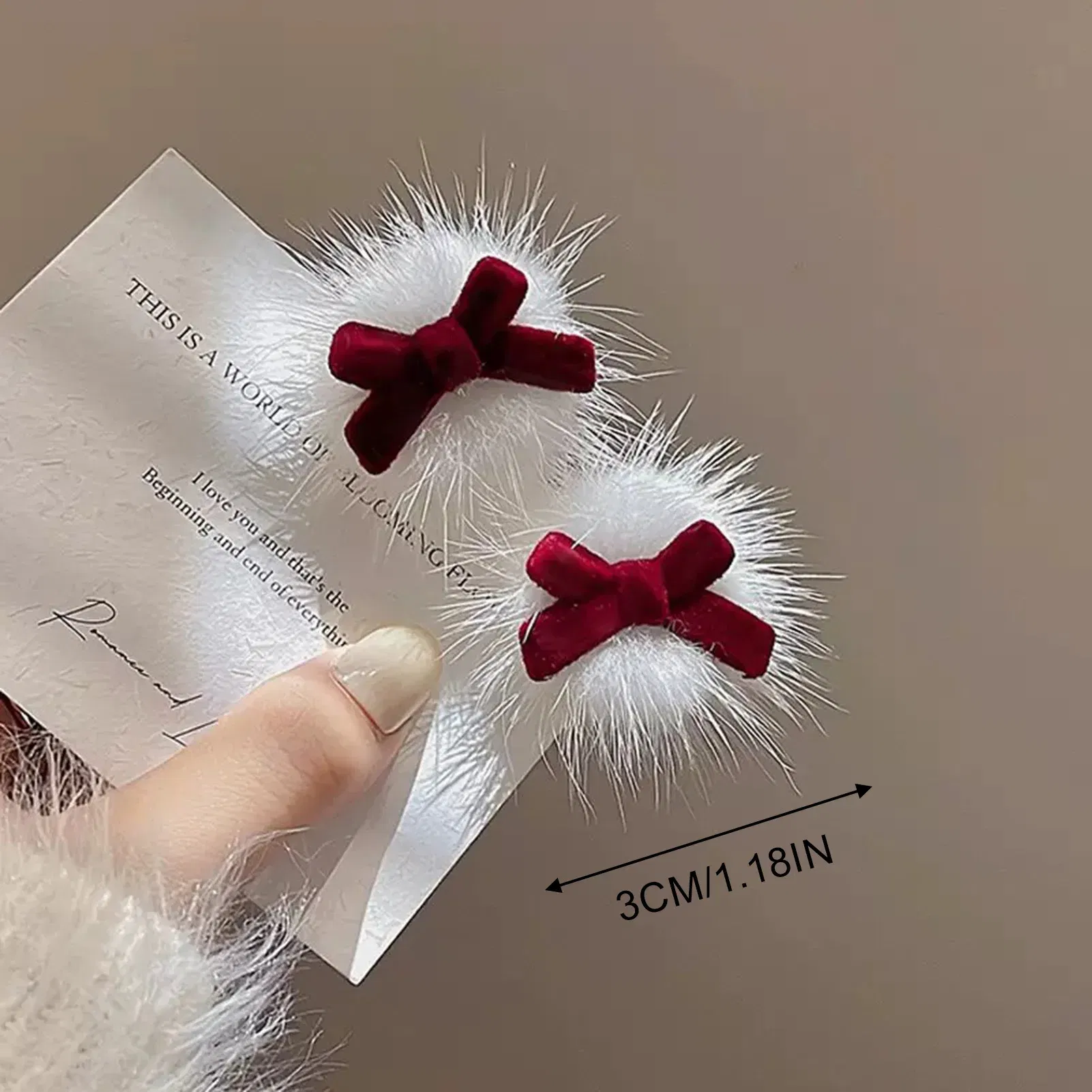 Red Velvet Bowknot Hair Clips - 2Pcs White Plush Barrettes for Women, Christmas New Year Hairpins, Hair Styling Accessories