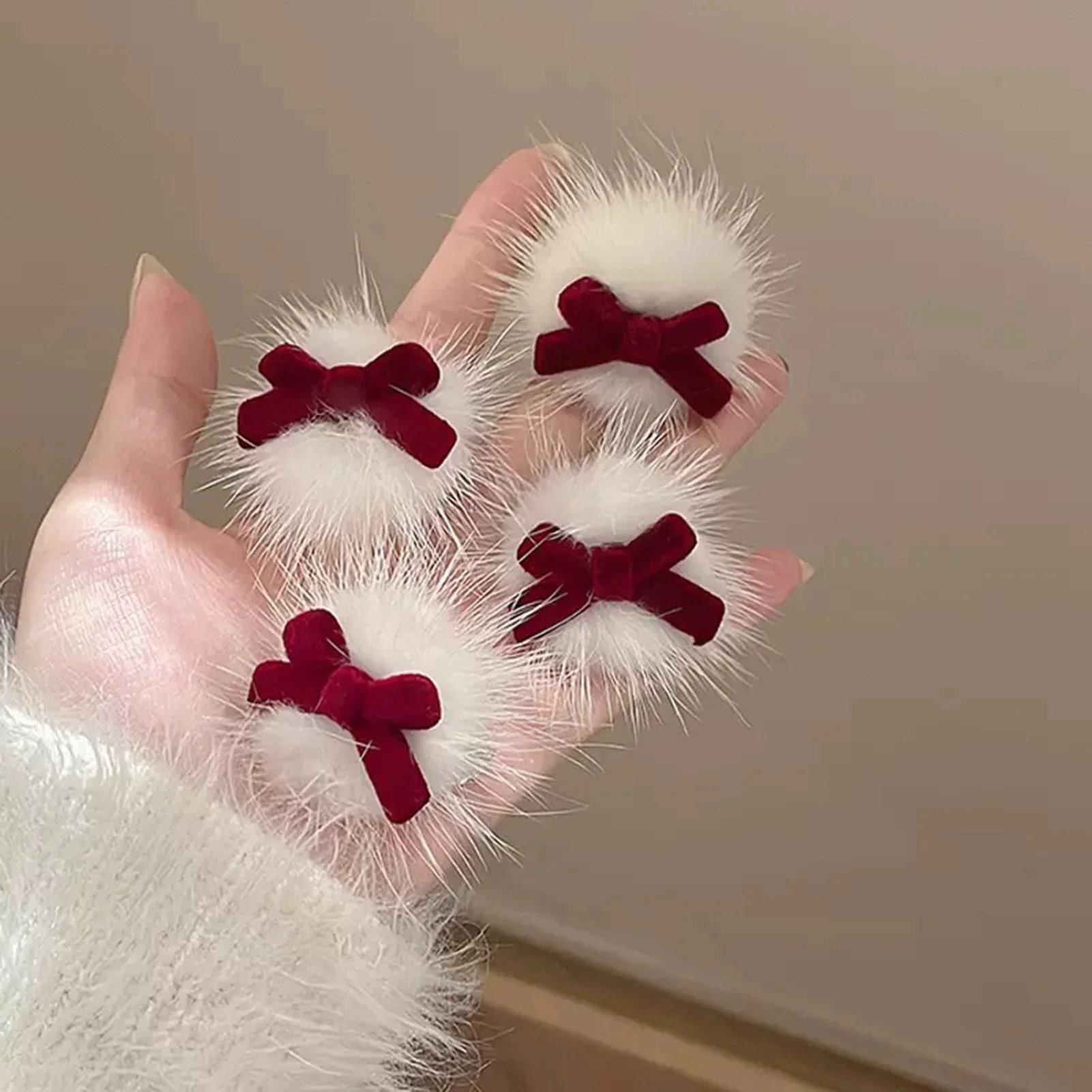 Red Velvet Bowknot Hair Clips - 2Pcs White Plush Barrettes for Women, Christmas New Year Hairpins, Hair Styling Accessories