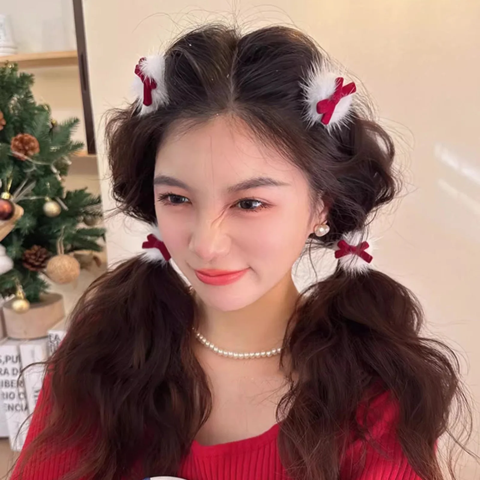 Red Velvet Bowknot Hair Clips - 2Pcs White Plush Barrettes for Women, Christmas New Year Hairpins, Hair Styling Accessories