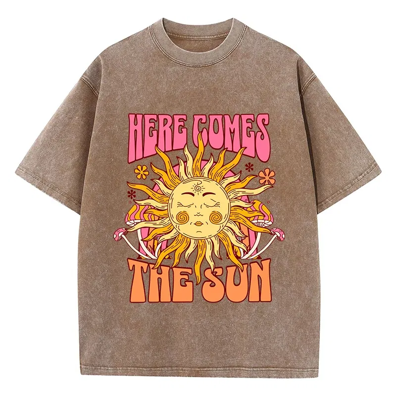 Color: green, Size: S - Oversize Women's Washed T-Shirt Cotton Here Comes The Sun Prints T Shirts Casual O-Neck Short Sleeve Tops Loose Women's Clothes