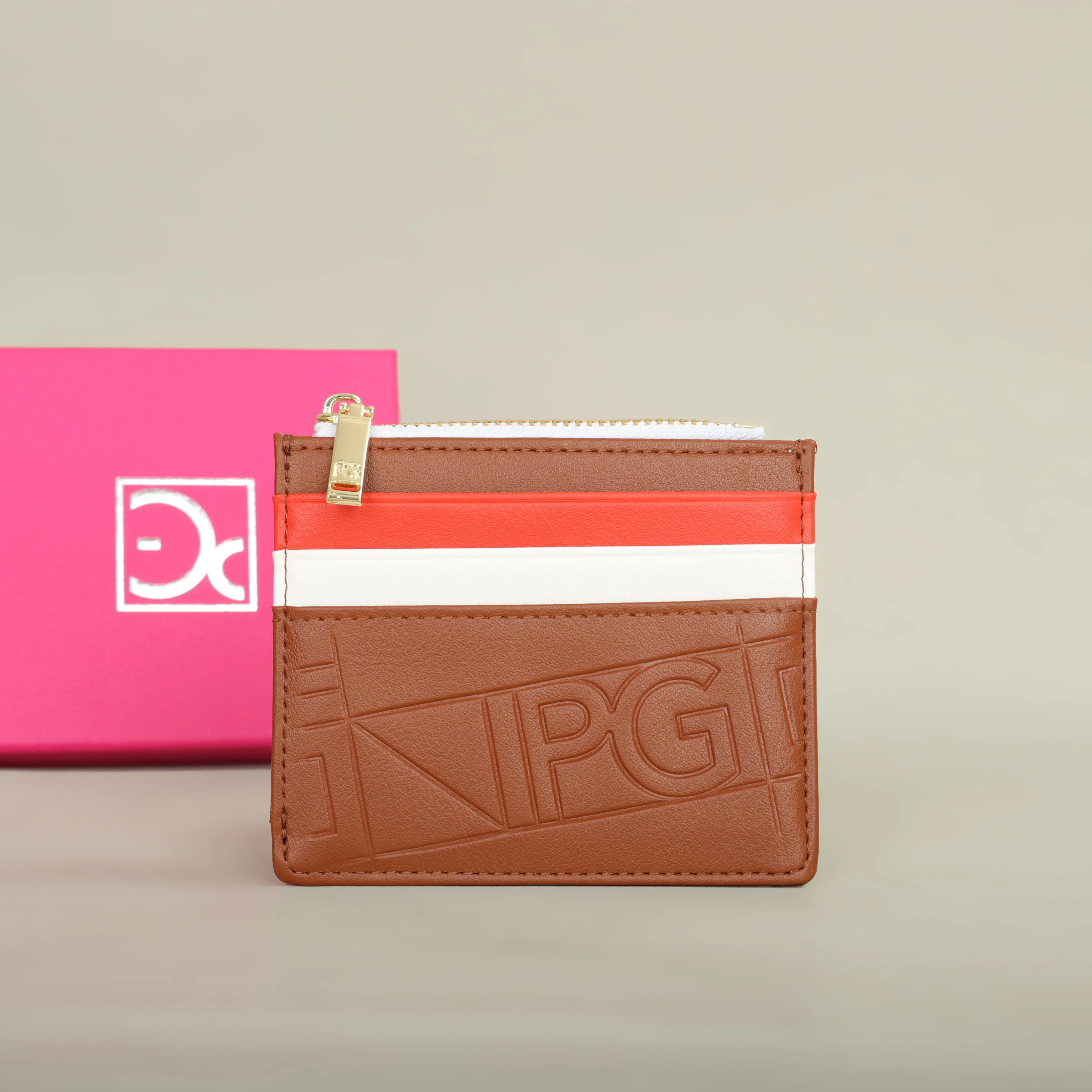 Color: Tan - PG Women's Wallet Fashion Retro Temperament Women's Bag Button Folding Monogram Printed Metal Zipper Leather Bag Card Women's