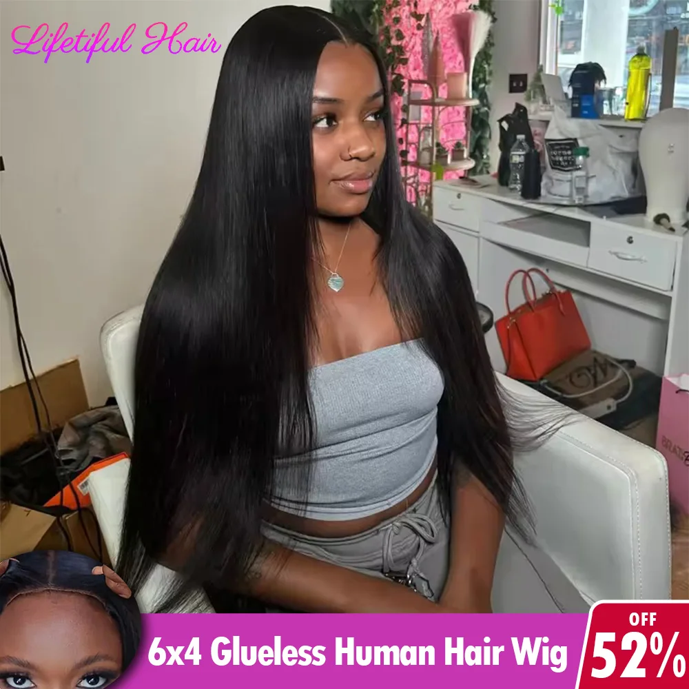 Hair Color: #1B, Density: 200%, Ships From: CHINA, Stretched Length: 28inches - 32 Inch 6x4 Bone Straight Human Hair Wigs Glueless Wig Human Hair Ready To Wear Pre-cut Brazilian 100% Human Hair Wigs For Women