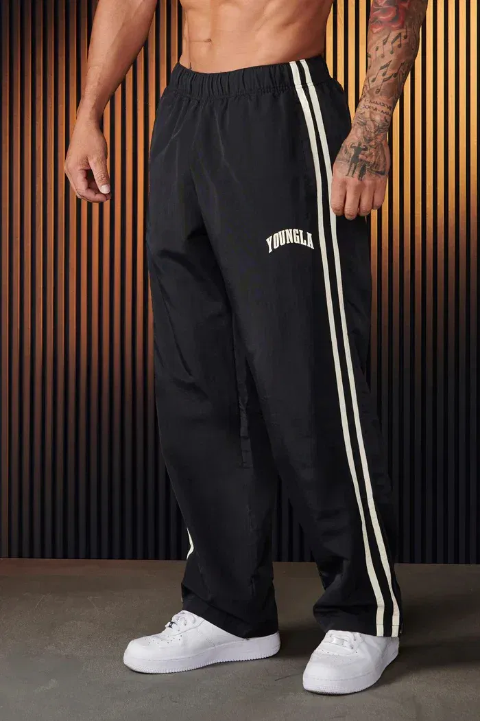 Color: black, Size: M - Jogger Men's Sweatpants Gym Sports Fitness Splicing Strips Printing Mid Waist Casual Pants Ya Fashion Men Clothing Wide Leg Pan