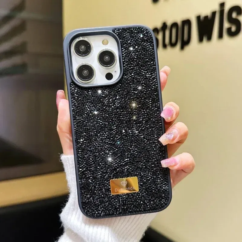 Material: Nylon, Color: Blue - Luxury INS Dazzling Full Covered Zircon Macaroon Color Phone Case for iPhone 16 15 14 11 12 13 Pro Max Plus Back Cover