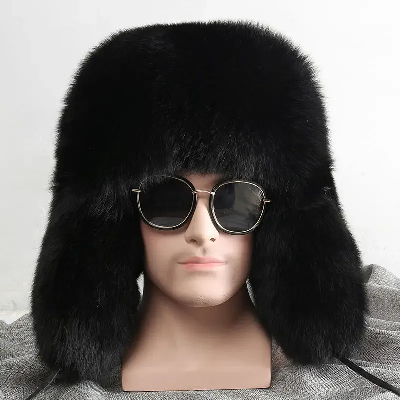 Color: Orange, Hat Size: One Size - Real Fur 100% Fox Skin Russian Businessmen Pilot Bombers Full Mao Men's hat Ushanka Winter Ear Guard Hat Raccoon Fur Beanie hat