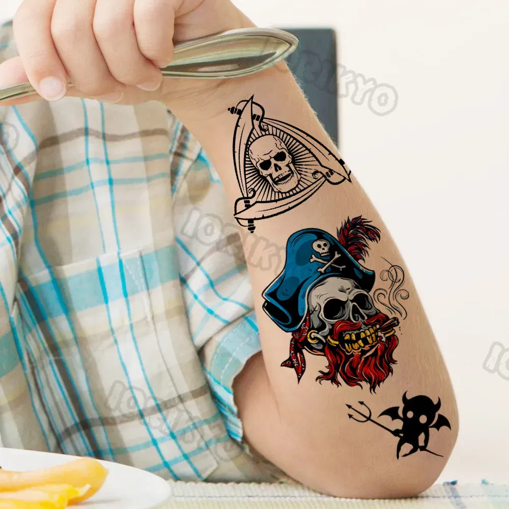 Color: CHERRY - Skull Temporary Tattoos For Kids Men Women Adult Face Neck Pirate Captain Tattoo Sticker Monster Fake Skeleton King Tatoos