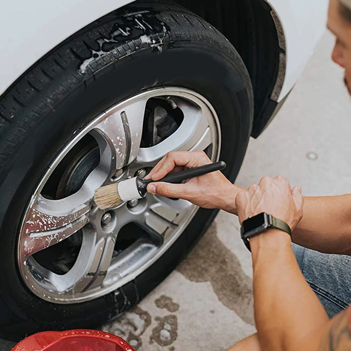Color: Red - Car Detailing Brush Set Car Cleaning Brushes Sponges Towels for Car Air Vents Rim Cleaning Dirt Dust Clean Tool Wash Accessories