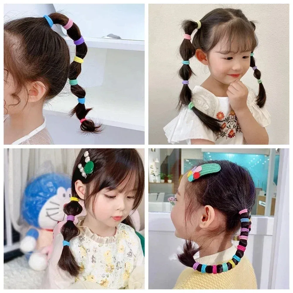 Color: DEEP BLUE - 100PCS Colorful Basic Nylon Ealstic Hair Ties for Girls Ponytail Hold Scrunchie Rubber Band Kid Fashion Hair Accessories