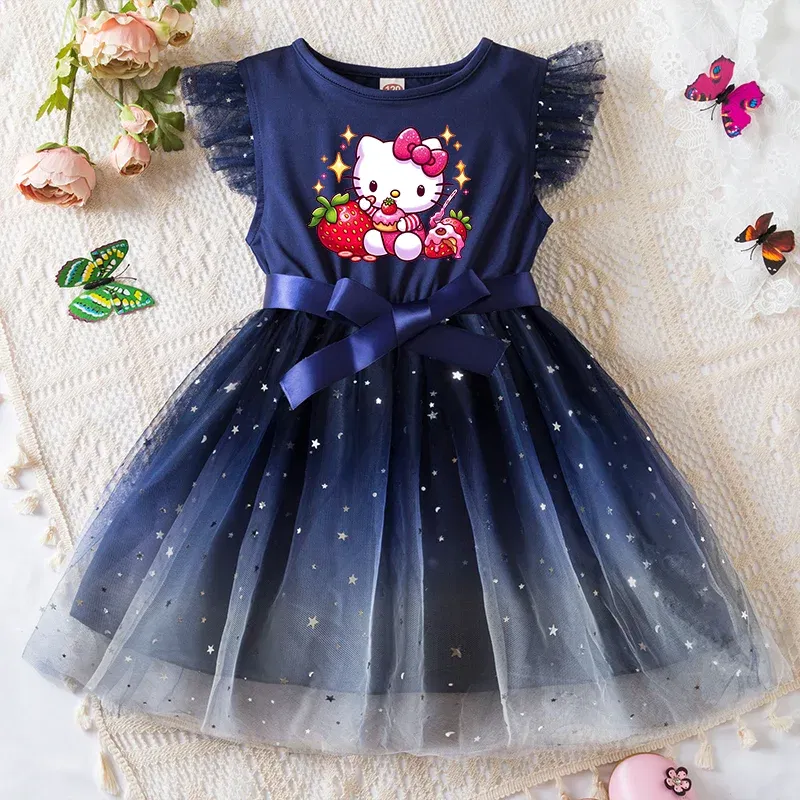 Color: Rose Red, Kid Size: 11 - Hello Kitty Girls Sequin Tutu Dress with Bow Flutter Sleeves Summer Princess Party Outfit for Toddler Kids 2-6 Years