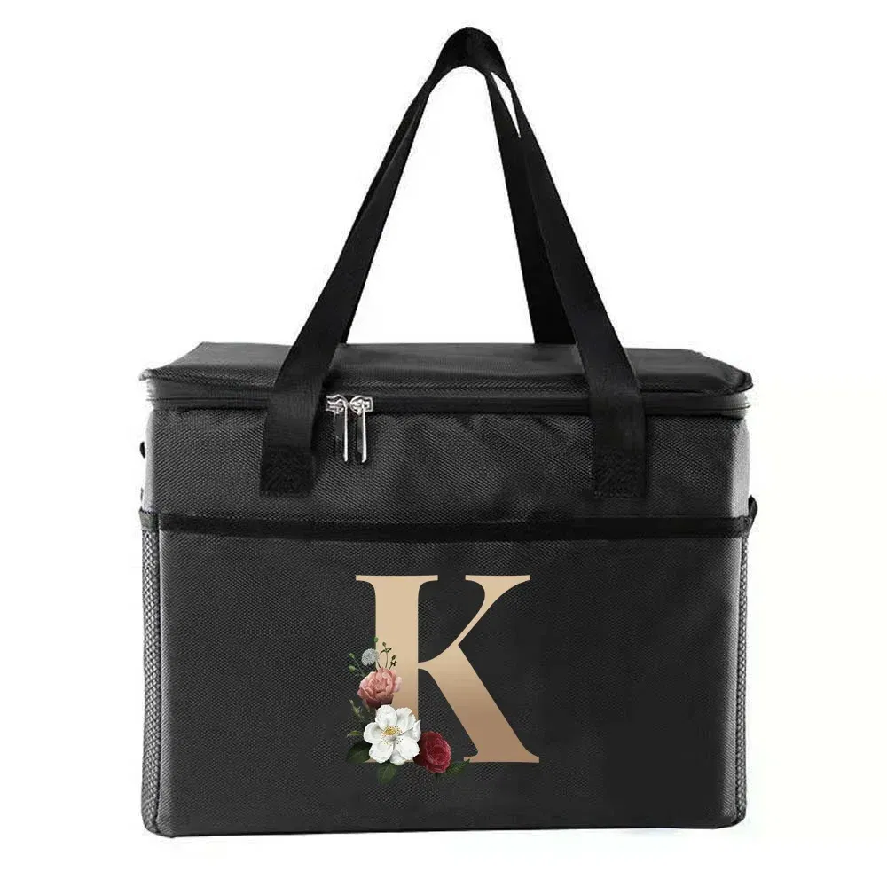 Color: Ivory - Thermal Bag Portable Lunch Bags Insulated Cooler Bag Food Bento Bags Printing Gold Letter Series Travel Picnic Storage Ice Bags