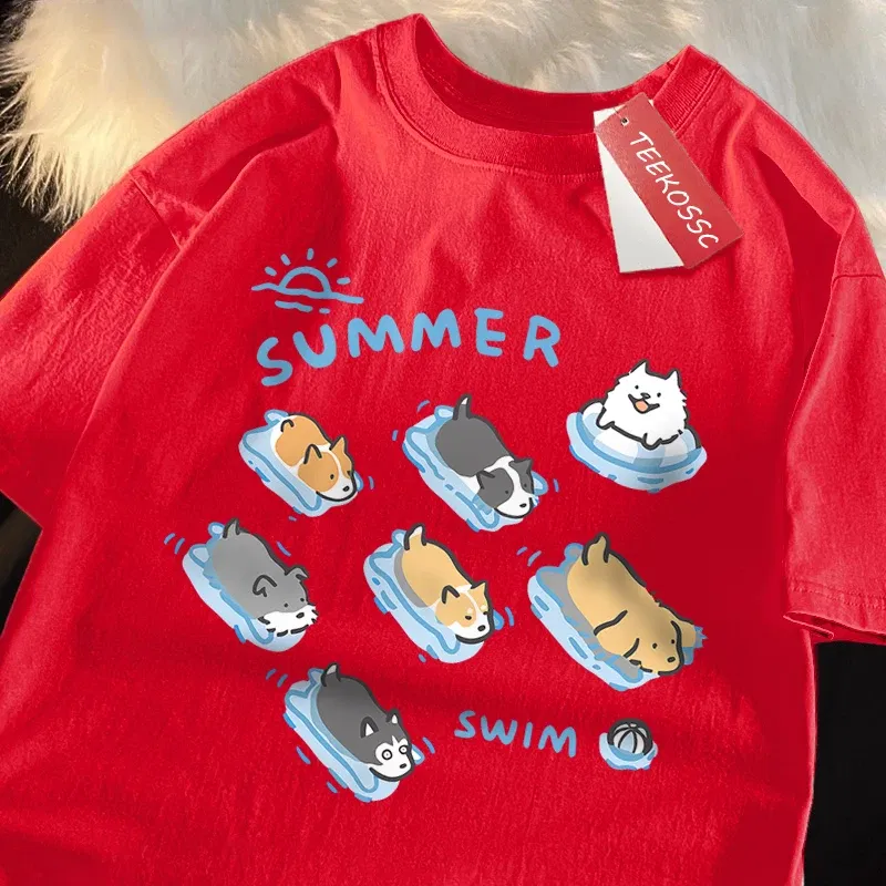 Color: green, Size: L - Fun Cat And Dog Swimming Japanese Style T-Shirt Female Casual Loose T-Shirts Summer Cotton Tops Fashion Breathable Tee Clothing