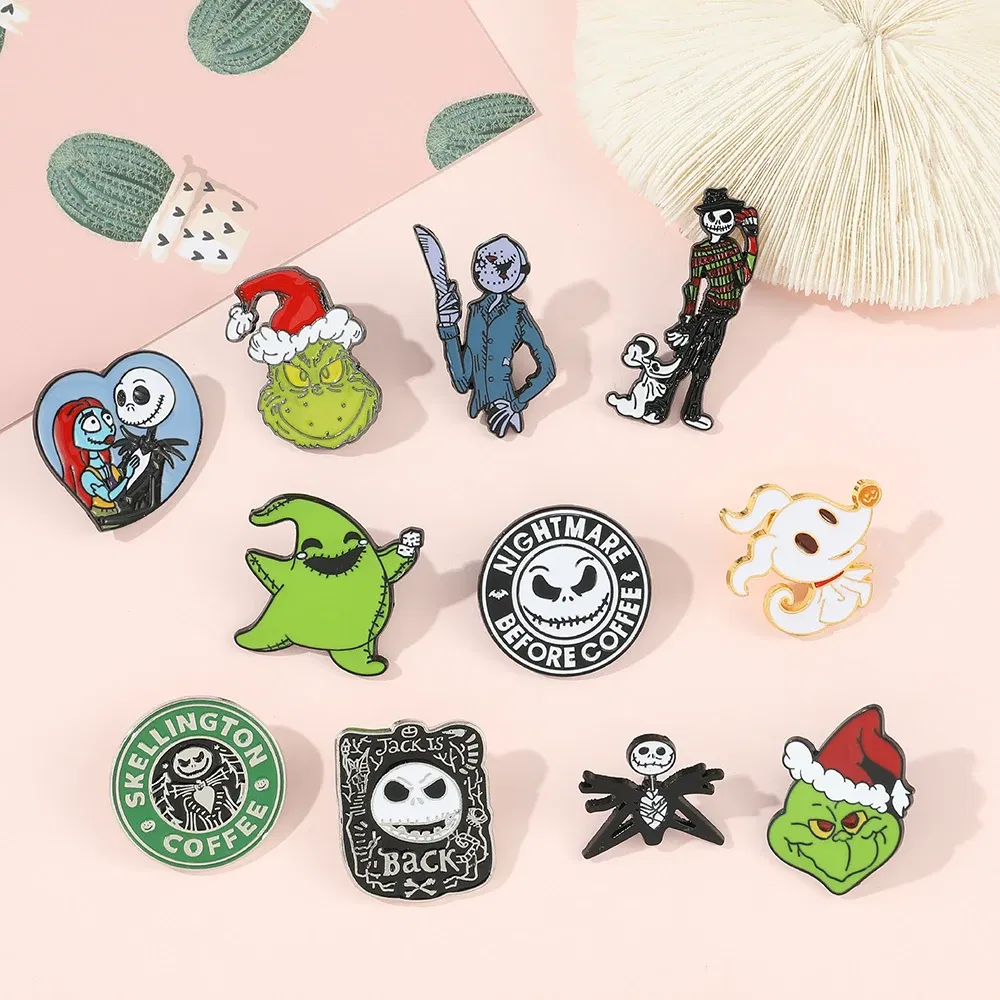 Metal color: BRASS PLATED, Ships From: CHINA - Disney The Nightmare Before Christmas Enamel Pin Cartoon Figure Sally Jack Skellington Metal Badge Brooch Kawaii Accessories