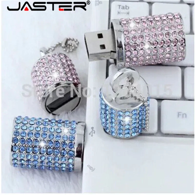 Color: Blue, Capacity: 8GB - JASTER Crystal cylindrical USB Flash Drive  fashion metal diamond pen driveu disk pendrive 4GB 8GB 16GB 32GB 64GB memory stick