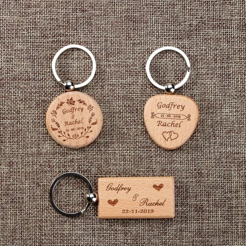 Color: Blue - 2024 Custom Logo Blank Round Rectangle Wooden Key Chain DIY Promotion Wood Keychains Wedding Gift