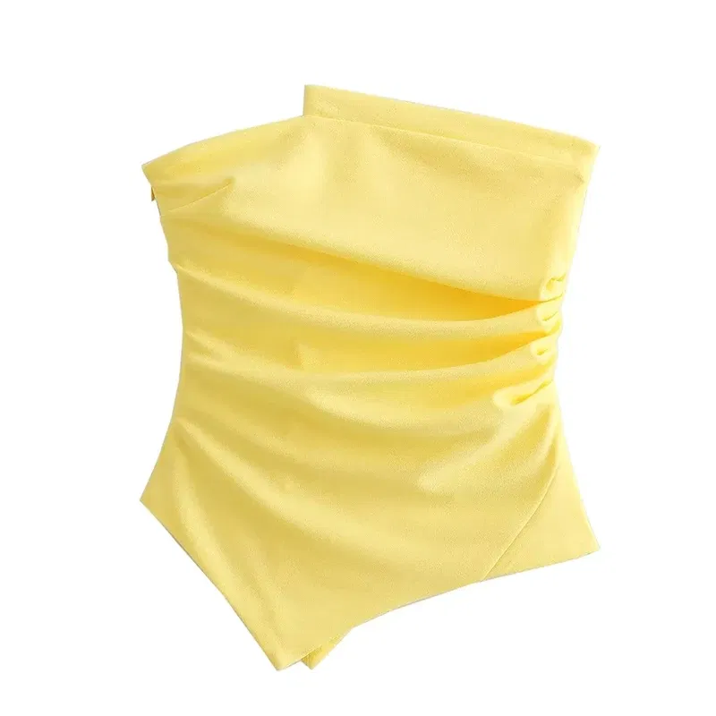 Color: Beige, Size: S - Asymmetrical Strapless Top Lemon Yellow Women Sleeveless Lady Female Clothes Slim Fit Suspenders Tube Top Off Shoulder