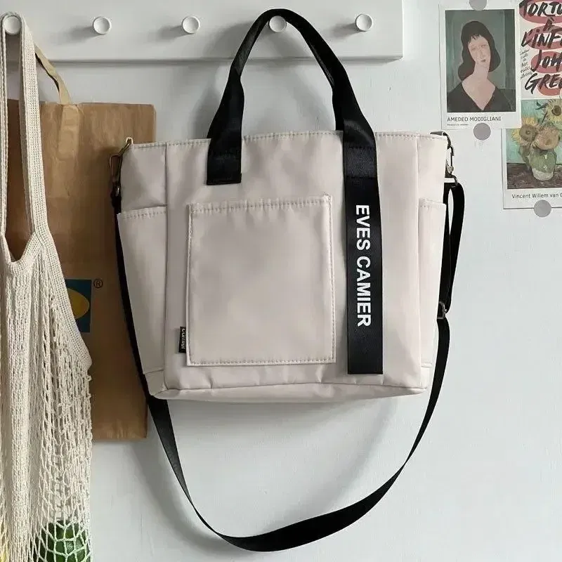 Color: Beige - New Casual Tote Large Capacity Shoulder Bag Nylon Waterproof Canvas Handbag Simple Fashion Messenger Bags For Schoolgirl