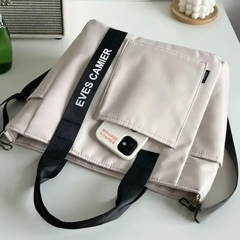 Color: Beige - New Casual Tote Large Capacity Shoulder Bag Nylon Waterproof Canvas Handbag Simple Fashion Messenger Bags For Schoolgirl