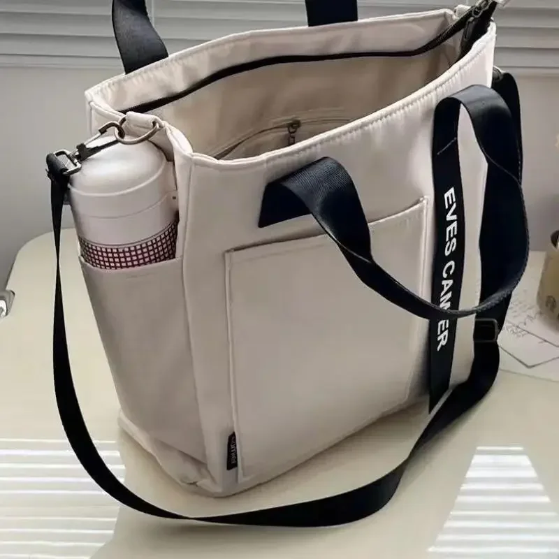 Color: Beige - New Casual Tote Large Capacity Shoulder Bag Nylon Waterproof Canvas Handbag Simple Fashion Messenger Bags For Schoolgirl