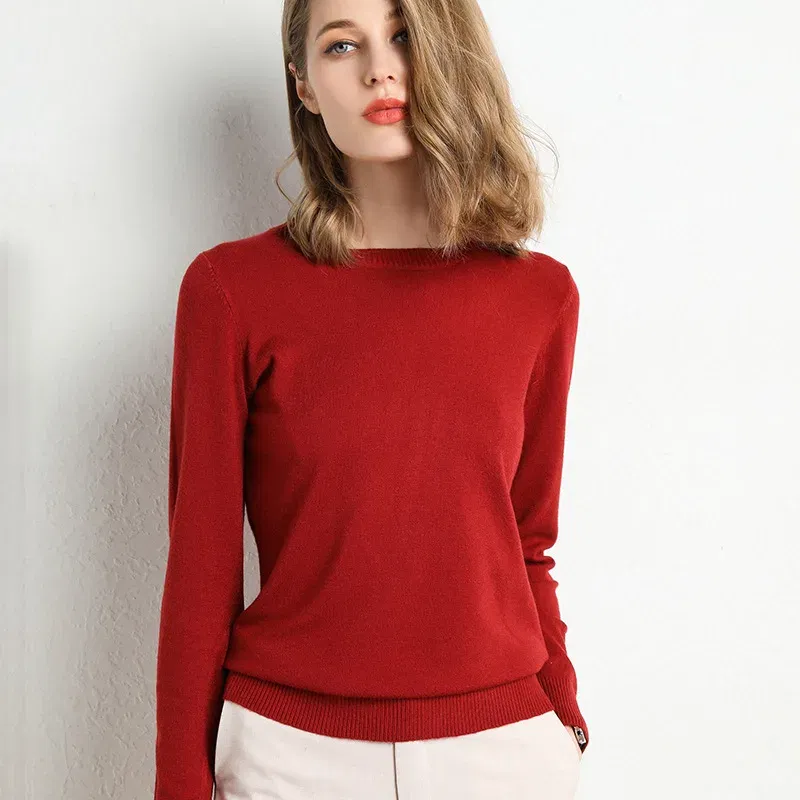 Color: Burgundy, Size: XL - Women Slim O-Neck Solid Pullover Cashmere Wool Blending Sweater Autumn And Winter Long-Sleeved Knit Bottoming Shirt Large Size