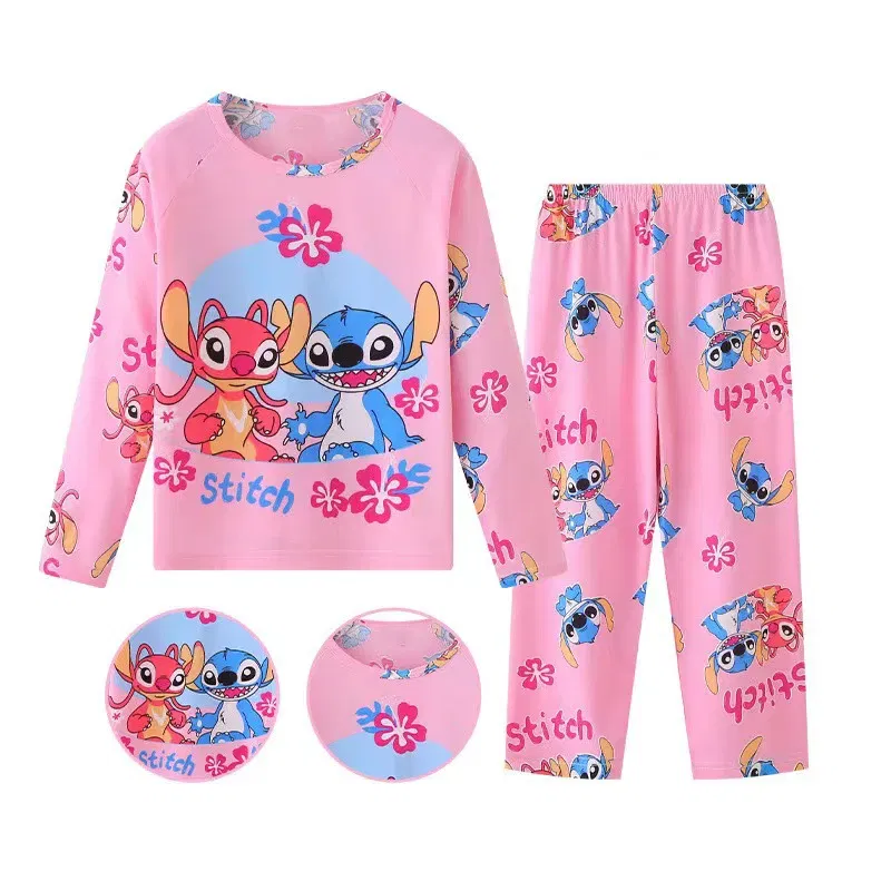 Color: Pink, Kid Size: 8T - New Pajama Boys Girls Pajamas Stitch Clothing Sets Kids Long Sleeve +Pant 2Piece Children Home Clothing Girl Nightgown