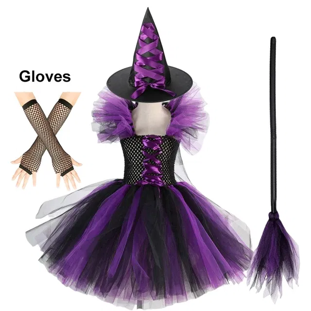Color: WHITE, Kid Size: 5 - Halloween Witch Tutu Dress for Girls Handmade Mesh Bat Wizard Cosplay Costumes with Hat Broom Toddler Evil Party Clothes Set