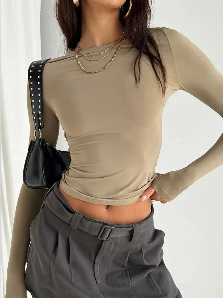 Color: WHITE, Size: M - Women Casual Long Sleeve T-Shirts Spring Autumn Solid Slim Fit Pullovers Tees Shirts Female Streetwear Base Tees Tops