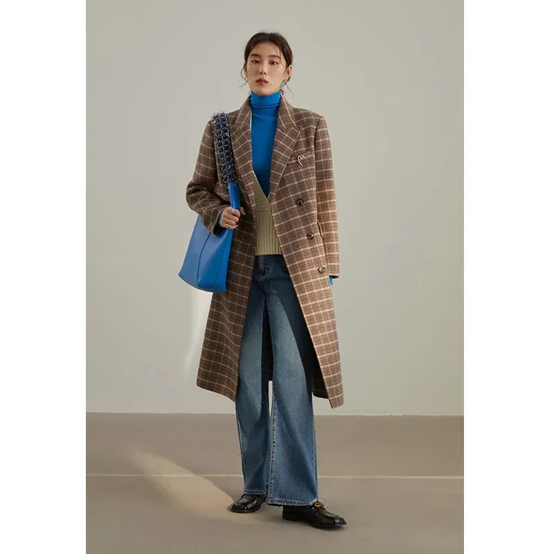 Color: camel, Size: XL - DUSHU Women Long Woolen Coats British Style Suit Collar Wool Jacket Women Brown Plaid Wool Coats