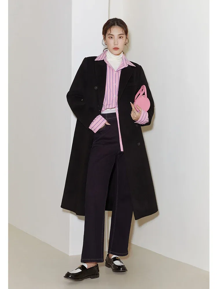 Color: camel, Size: XL - DUSHU Women Long Woolen Coats British Style Suit Collar Wool Jacket Women Brown Plaid Wool Coats