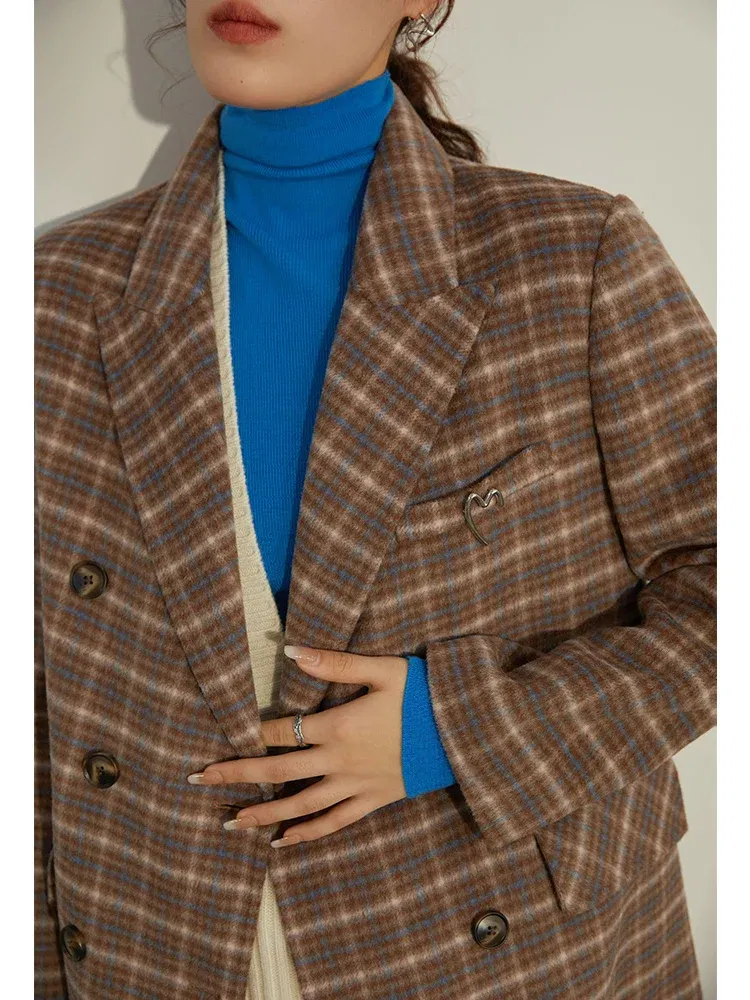 Color: camel, Size: XL - DUSHU Women Long Woolen Coats British Style Suit Collar Wool Jacket Women Brown Plaid Wool Coats