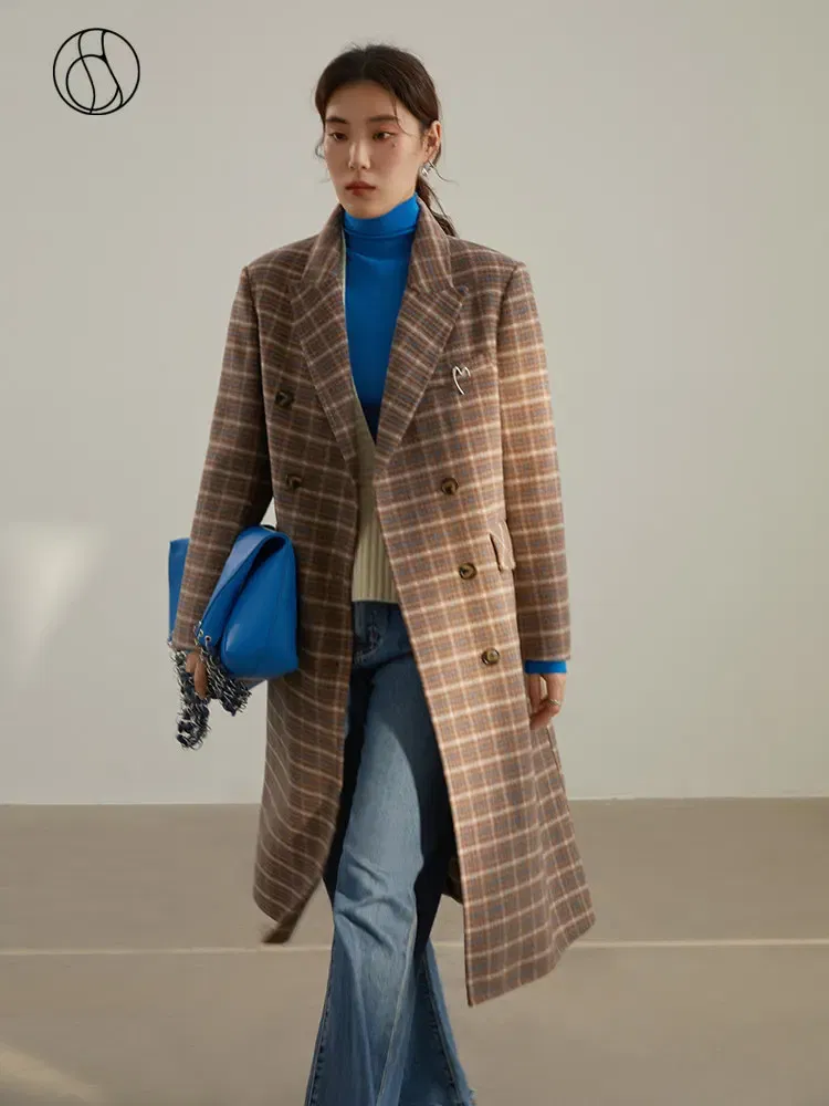 Color: camel, Size: XL - DUSHU Women Long Woolen Coats British Style Suit Collar Wool Jacket Women Brown Plaid Wool Coats