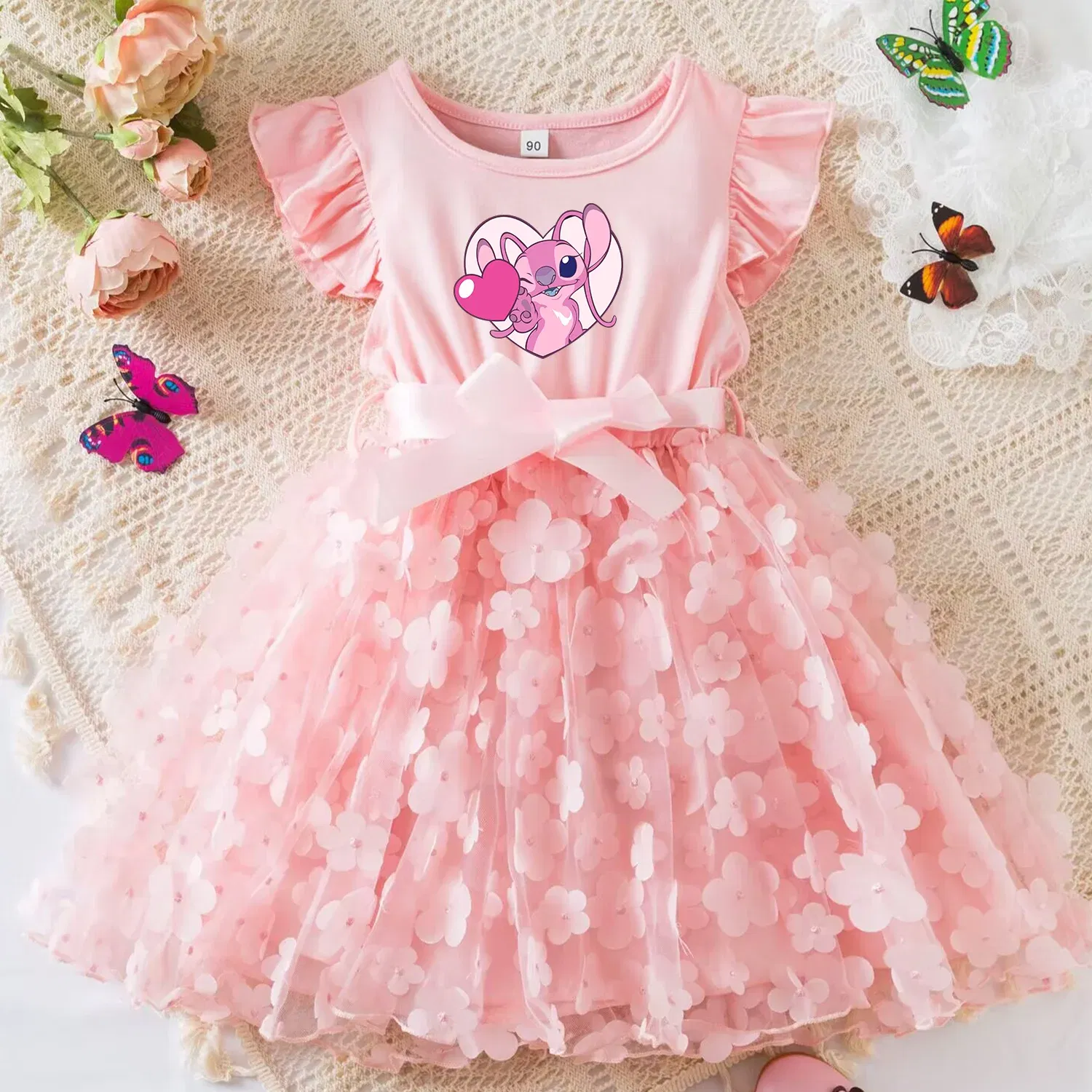 Color: Dark Grey, Size: M - 3D Butterfly Cute Lilo Stitch Summer Dress for Kid's Casual Clothes Baby Girls Beautiful Princess Dress Party Dresses 2-6 Yrs