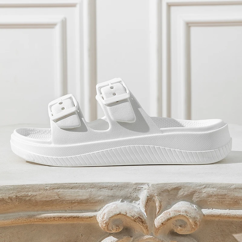 Color: Straw, Shoe Size: 34 - Thick Platform Cloud Slippers Women Double Buckle Soft Sole Pillow Slides Sandals Woman Summer Beach Non-Slip Flip Flops