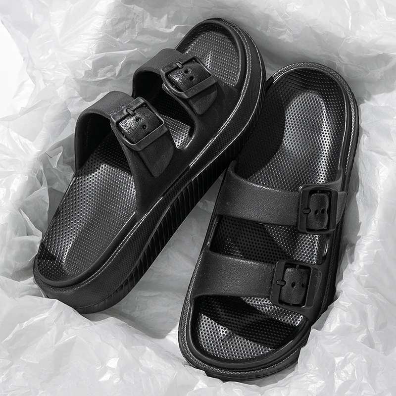 Color: Straw, Shoe Size: 34 - Thick Platform Cloud Slippers Women Double Buckle Soft Sole Pillow Slides Sandals Woman Summer Beach Non-Slip Flip Flops