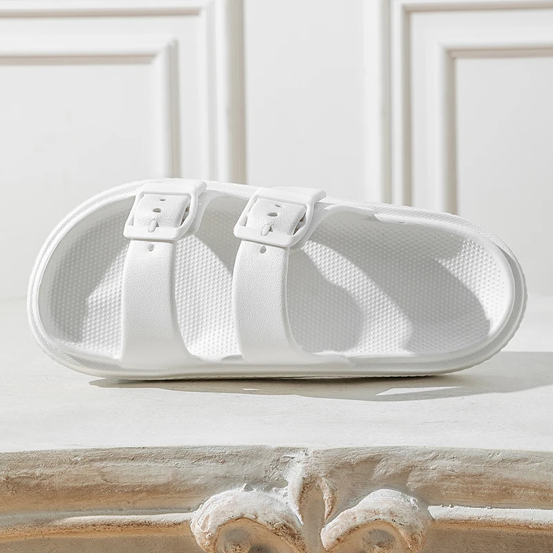 Color: Straw, Shoe Size: 34 - Thick Platform Cloud Slippers Women Double Buckle Soft Sole Pillow Slides Sandals Woman Summer Beach Non-Slip Flip Flops