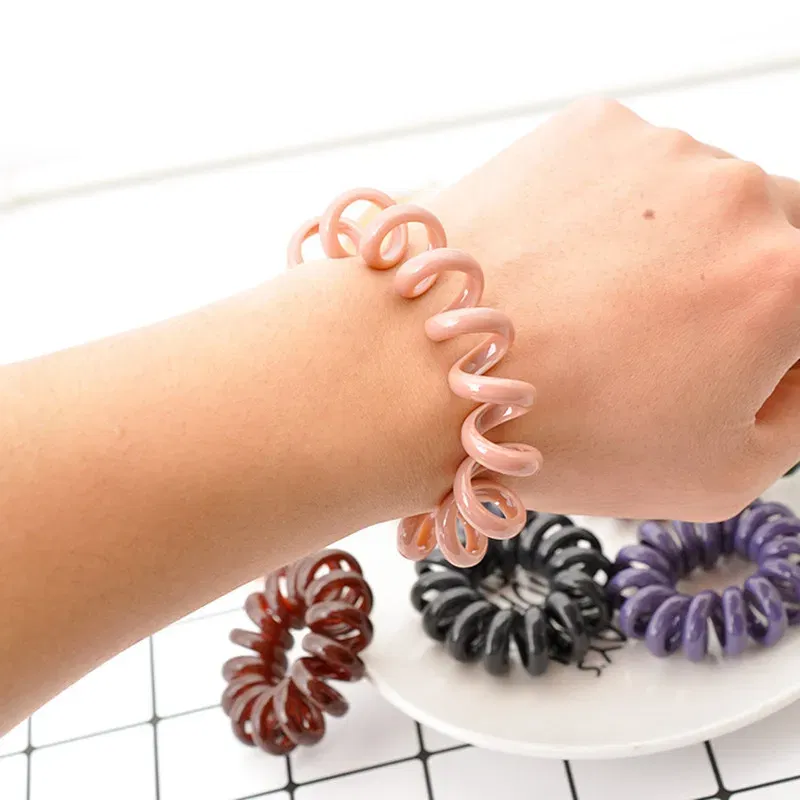 Color: Blue - High Elasticity Telephone Coil Hairbands Women Spiral Hair Ties Girl Hair Ring Rope Solid Color Hair Accessories Ponytail Holder