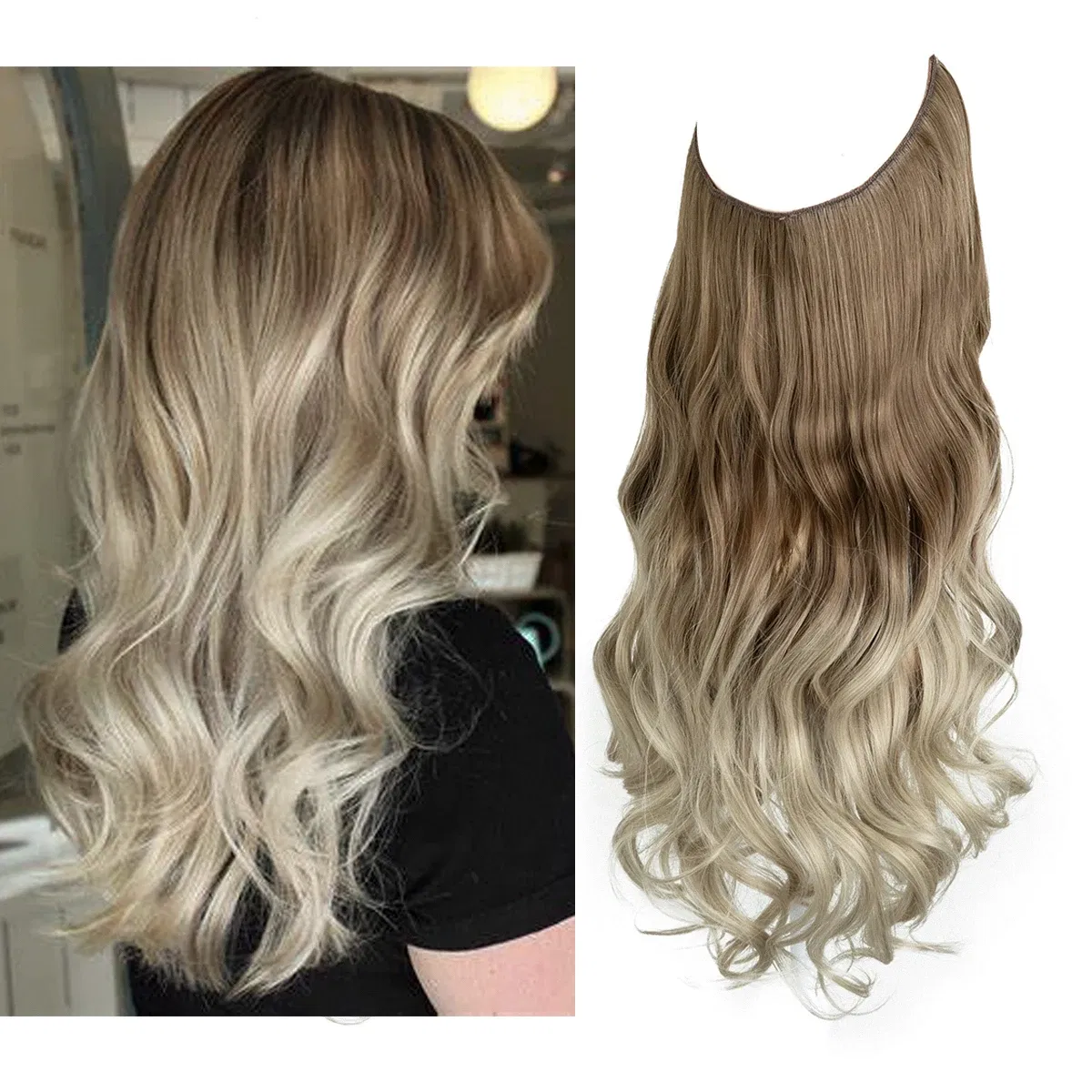 Color: P4/27, Stretched Length: 16inches - Synthetic No Clip Wave Hair Extensions Ombre Natural Black Blonde Pink One Piece False Hairpiece Fish Line Fake Hair Piece