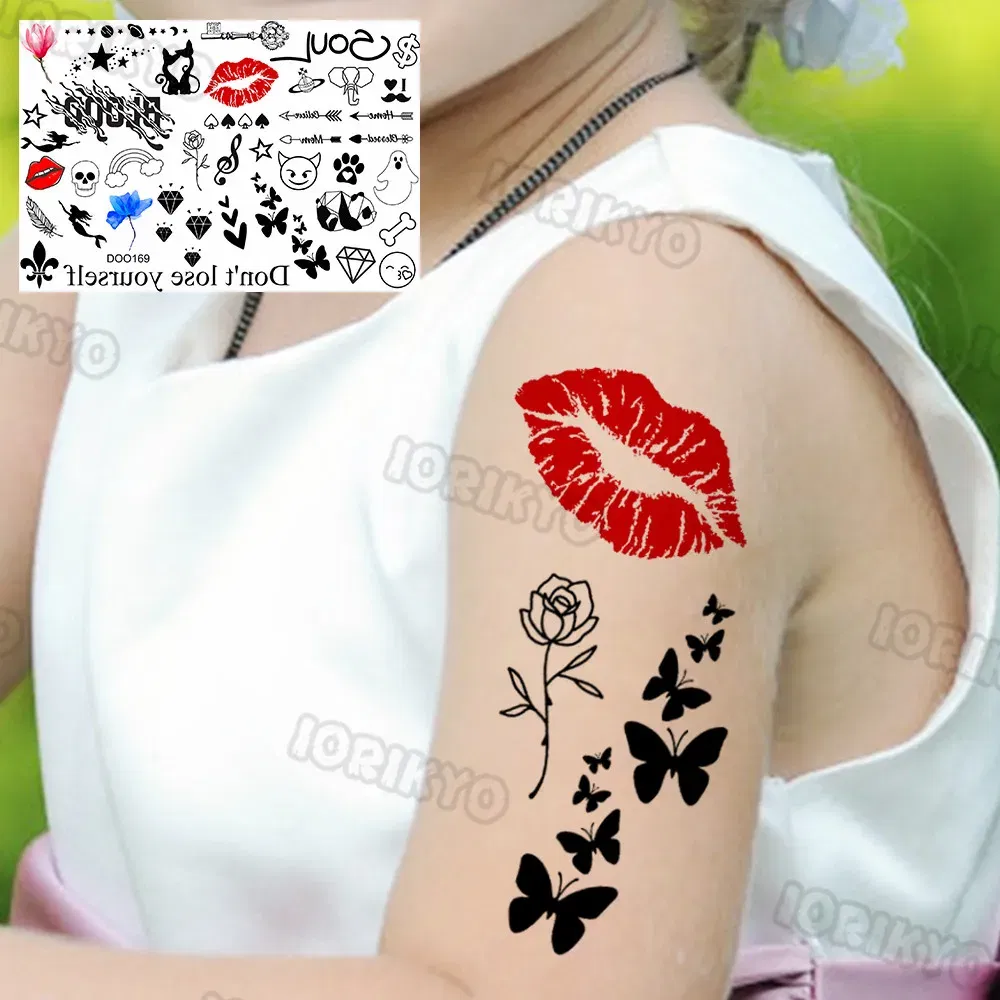 Color: dark blue - Sexy Red Lips Flower Temporary Tattoo For Kids Boys Girls Adult Small Rose Butterfly Tattoos Sticker Fake Tatoos Arm Neck Face