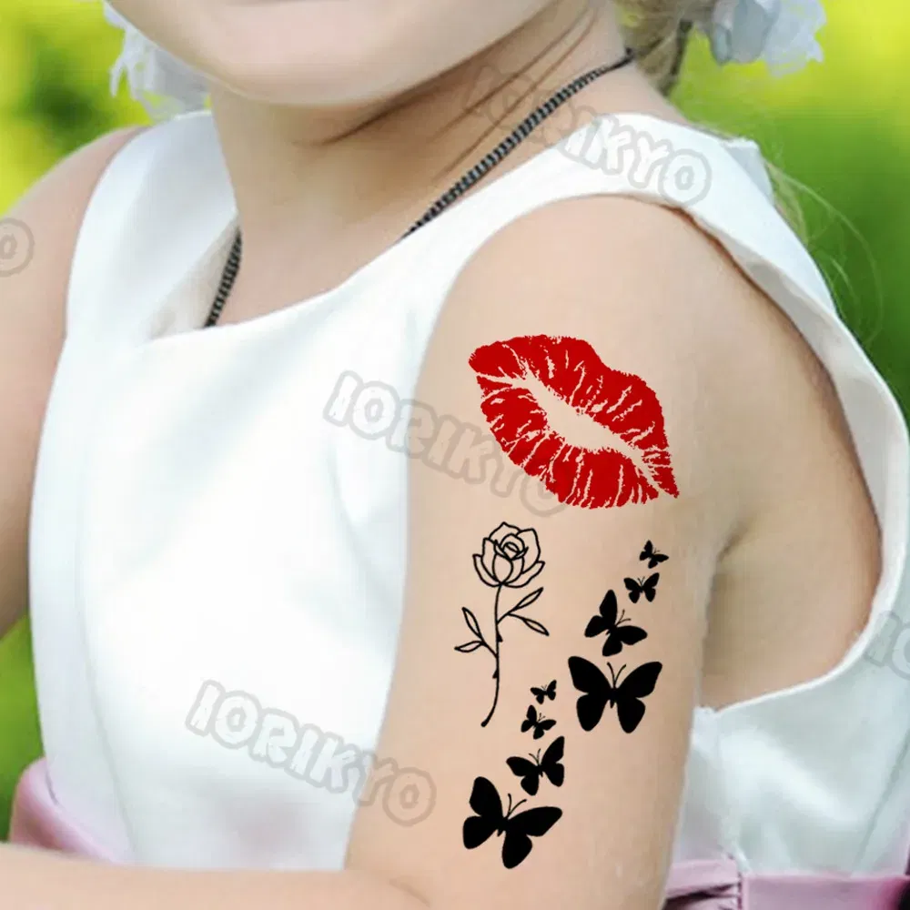 Color: dark blue - Sexy Red Lips Flower Temporary Tattoo For Kids Boys Girls Adult Small Rose Butterfly Tattoos Sticker Fake Tatoos Arm Neck Face