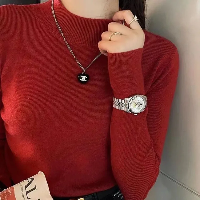 Color: Red, Size: One Size - Turtleneck Sweater Women Fashion New Stretch Tops Women Knitted Pullovers Long Sleeve Bottoming Knitted Sweater