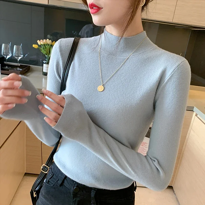 Color: Red, Size: One Size - Turtleneck Sweater Women Fashion New Stretch Tops Women Knitted Pullovers Long Sleeve Bottoming Knitted Sweater