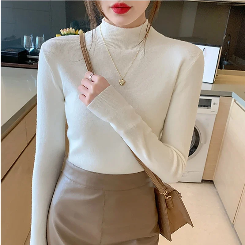 Color: Red, Size: One Size - Turtleneck Sweater Women Fashion New Stretch Tops Women Knitted Pullovers Long Sleeve Bottoming Knitted Sweater