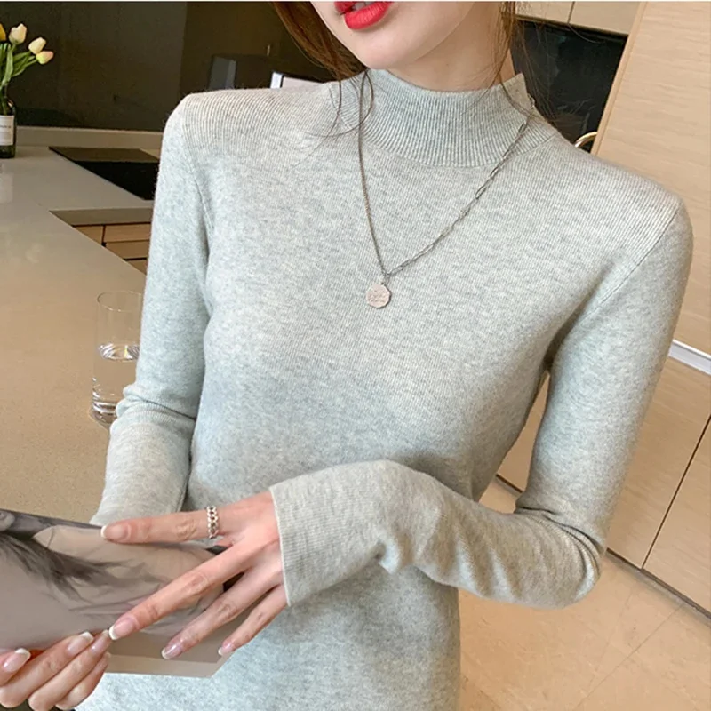 Color: Red, Size: One Size - Turtleneck Sweater Women Fashion New Stretch Tops Women Knitted Pullovers Long Sleeve Bottoming Knitted Sweater