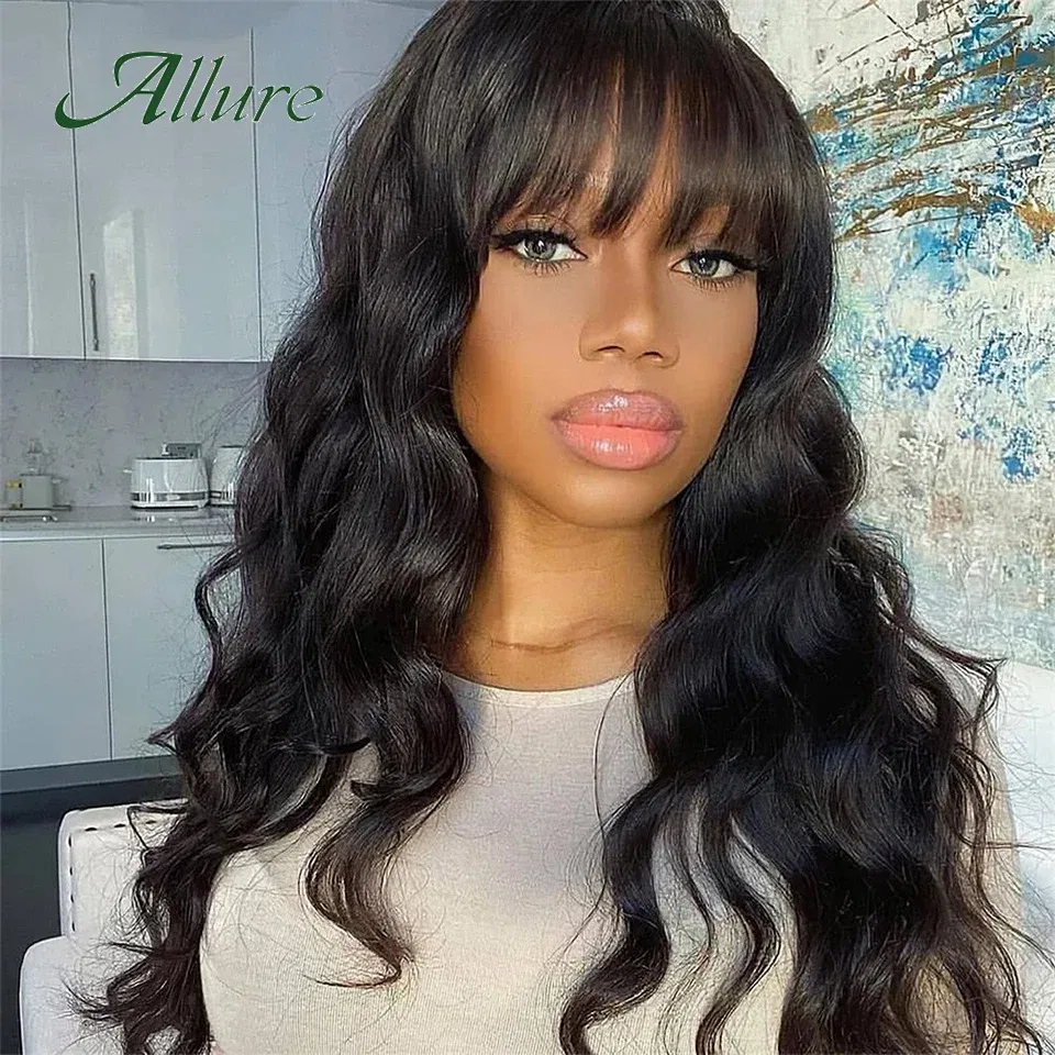 Peruvian Human Hair Wig With Bangs 22 inch Body Wave Hair Wigs For Women Natural Black Colored Loose Wave Long Hair Wig Allure