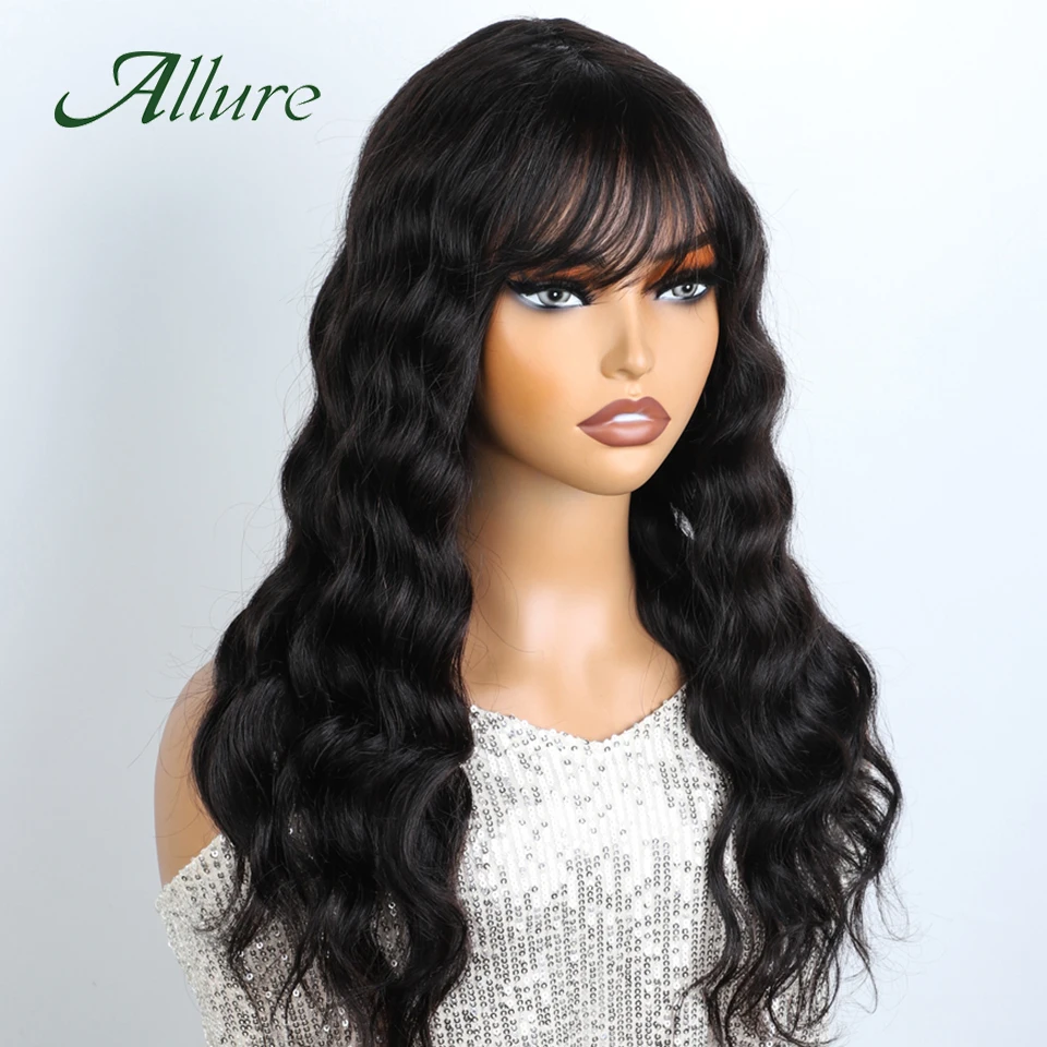 Peruvian Human Hair Wig With Bangs 22 inch Body Wave Hair Wigs For Women Natural Black Colored Loose Wave Long Hair Wig Allure
