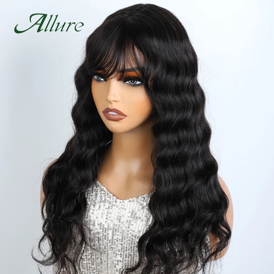 Peruvian Human Hair Wig With Bangs 22 inch Body Wave Hair Wigs For Women Natural Black Colored Loose Wave Long Hair Wig Allure